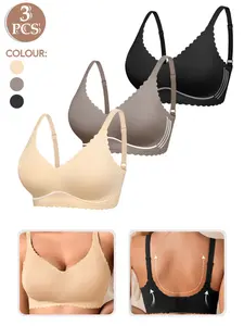 3Counts Women's V-Neck Jelly Bra Set, High Support Everyday Jelly Bras, Plain Design, Minimalist, Fitted Style, All Season Wear, Wireless, Supportive Wireless Bra, Lined Comfort
