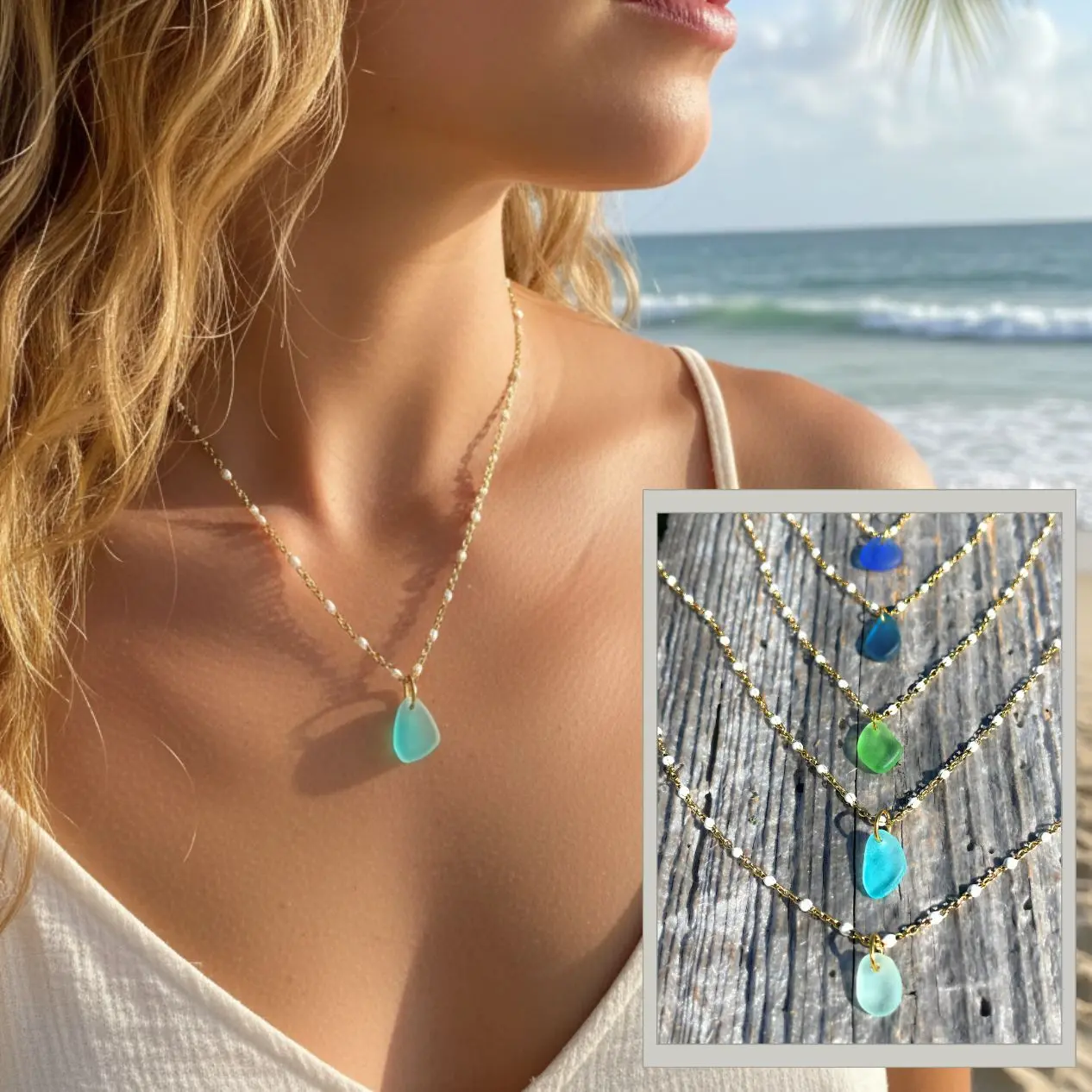 Personalized Dainty Sea Glass Necklace, Waterproof 18K Gold Plated Necklace,  Custom Name, Beach Jewelry Gift for Her, Ocean Lover Jewelry