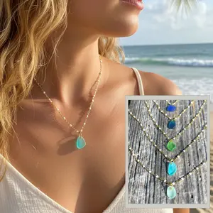 Personalized Dainty Sea Glass Necklace, Waterproof 18K Gold Plated Necklace,  Custom Name, Beach Jewelry Gift for Her, Ocean Lover Jewelry