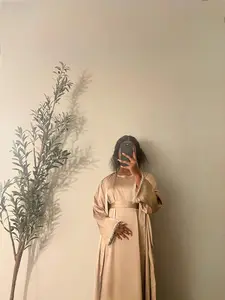 Yara 2 Piece Satin Abaya Set-  Beige