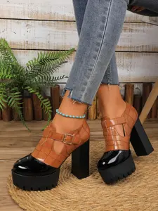 Fashionable Plaid Pattern PU Leather, Casual Versatile High Heel Shoes for Daily Wear, Lightweight Breathable Comfortable Shoes for Women, Elegant Heeled Shoes, Classy