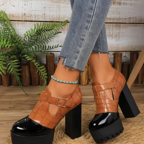 Fashionable Plaid Pattern PU Leather, Casual Versatile High Heel Shoes for Daily Wear, Lightweight Breathable Comfortable Shoes for Women, Elegant Heeled Shoes, Classy, Womens shoes, Mary Jane Style Shoes