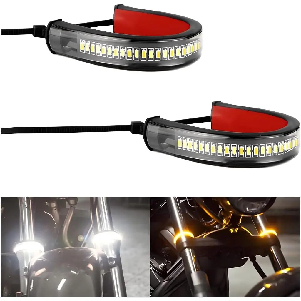 Motorcycle LED Turn Signal Lights - 4.8in Flexible Switchback Dual-Color White & Amber Blinkers with 36x 3014 LEDs, DRL, Waterproof, Dustproof, Double-Sided Adjustable Bars, Easy-Install Adhesive Mount for Motorbikes