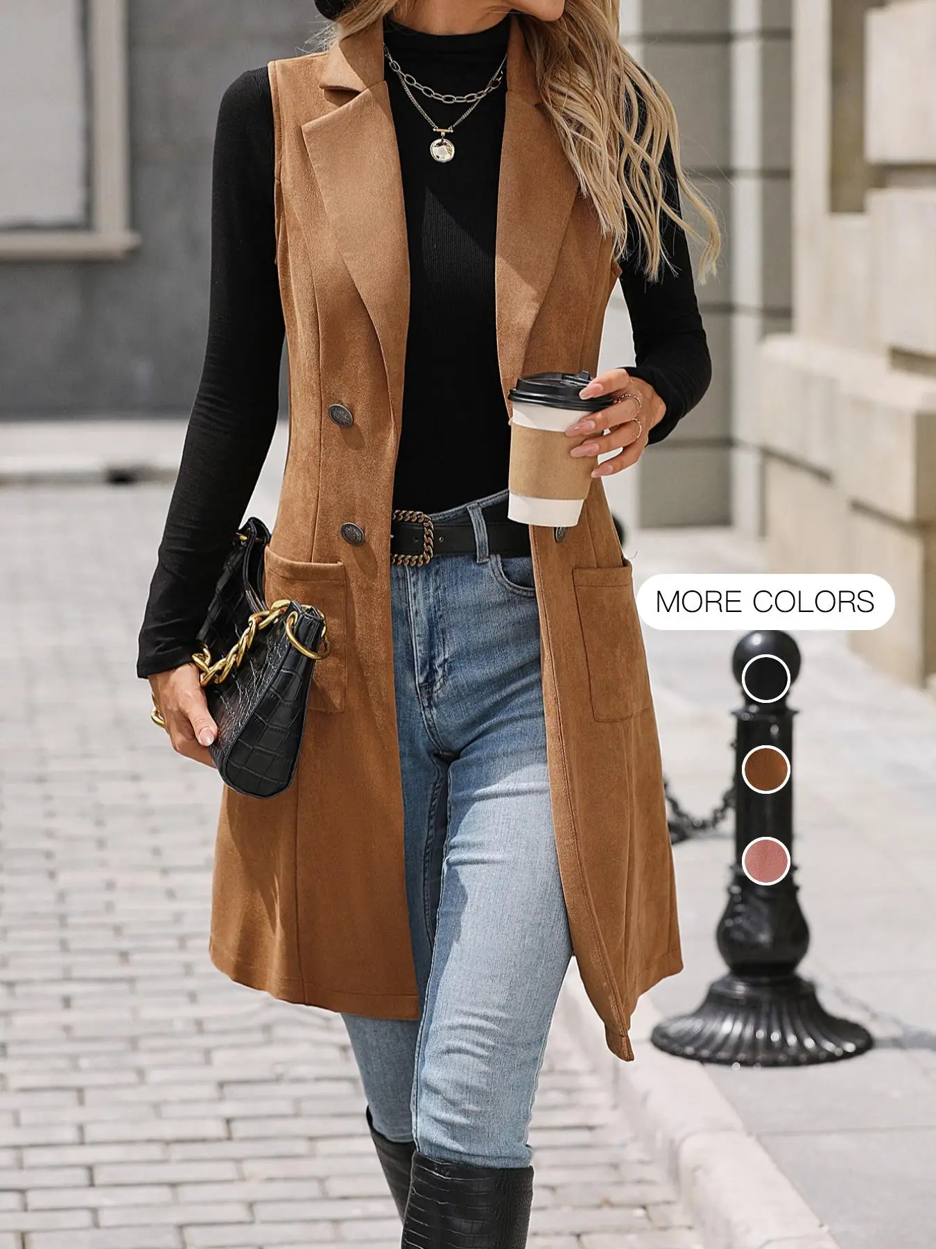 Women's Solid Button Decor Lapel Neck Suede Vest Blazer, Casual Sleeveless Pocket Open Front Longline Outerwear for Spring & Fall, Ladies Clothes for
