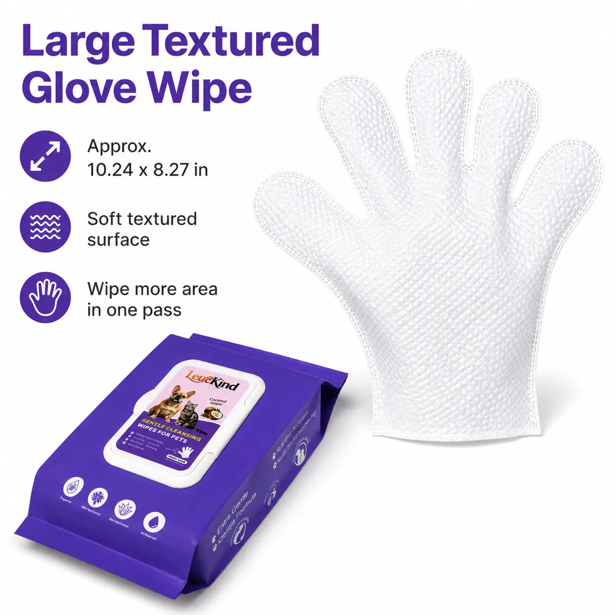 LEUCKIND Hypoallergenic Pet Glove Wipes for Dogs, Cats & Small Animals, No-Rinse Deodorizing Dog Wipes for Paws, Eyes & Ears, Pet Wipes for Stain & Odor Cleanup, Sticky Hair Control, Gentle Cleaning with Jojoba Oil, Between Baths & Travel