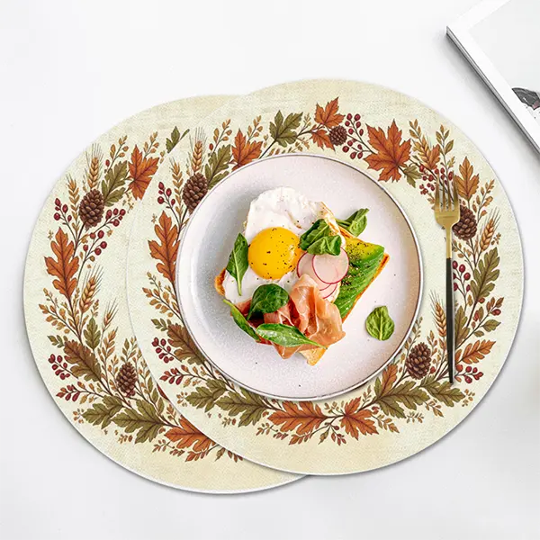 4PCS 15-Inch Round Fall Tableware Placemat Set - Autumn Thanksgiving Design with Maple Leaf, Pinecone, Pumpkin, Wheat & "Gather FAMILY FOOD MEMORIES" Lettering for Kitchen Dining Party Deco, Classic