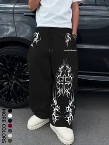 Men's Gothic Thorn Cross Print Straight Leg Pants, Casual Streetwear Trousers, Drawstring Waist, Fitted, Long Regular Fit, Casual Fashion for Daily Wear