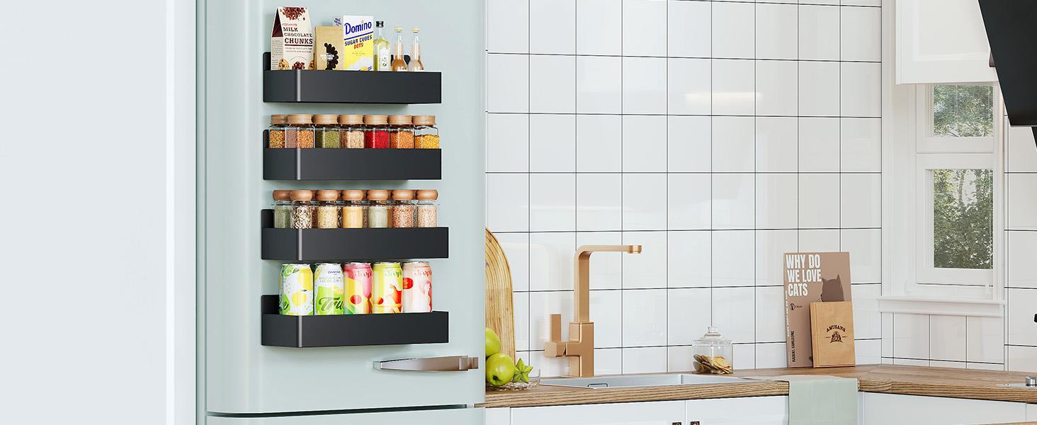 2 Pack-4 Pack Strong Magnetic Spice Rack Organizer for Refrigerator & Oven, Black Space-Saving Fridge Storage Shelf, No Drilling Kitchen Organizer for Spices, Jars and Seasonings