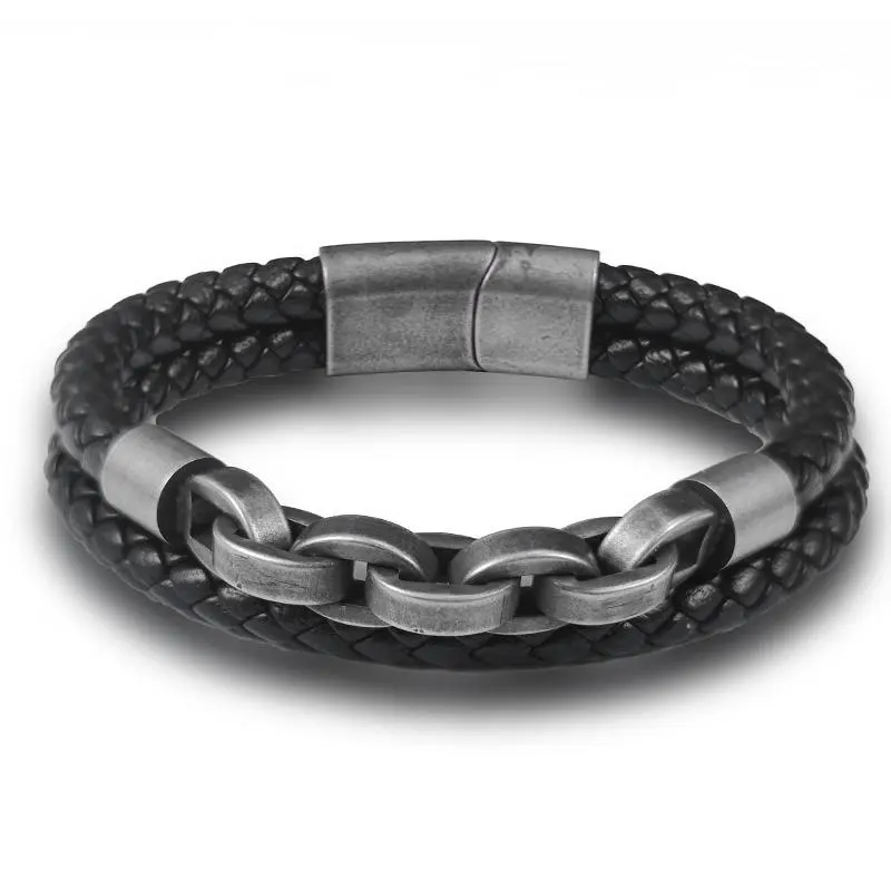 FASHION4U - 2025 Fashion Multi layered Stainless Steel Charm Viking Leather Bracelet Men's Woven Bracelet Punk Jewelry Homme Accessories