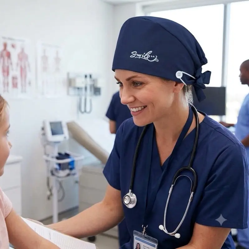 "Smile" letter pattern Embroidered Medical Cap, Antibacterial & Dust-proof, With String & Button, Adjustable, Suitable For Doctors ,Nurses, Dentists and Dental Technicians.