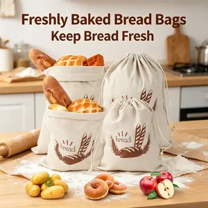 4 Pack Linen Bread Bags – Reusable Drawstring Storage Bags for Bread, Baguette, Fruit & Veggies – Natural Linen Keeps Fresh – 2 Sizes