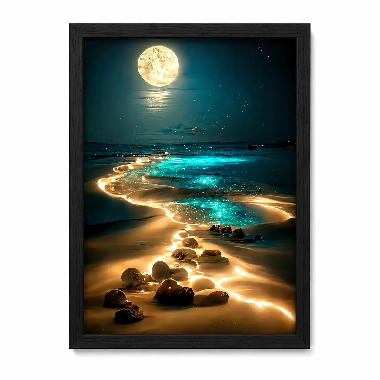 Bioluminescent Ocean Beach Canvas Wall Art - Full Moon Fantasy Seascape Poster, Glowing Sea Waves Aesthetic Print for Living Room, Bedroom Home Decor