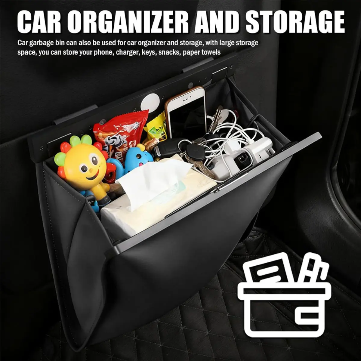 Strong Magnetic Fast Closing Car Trash Bin, Leak-Proof Car Garbage Can, Multi-Purpose Car Storage Organizer with Car Trash Bags, Suitable for Backseat Console and Vehicle Door