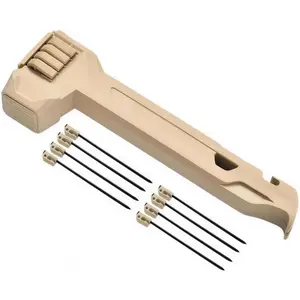 Multi-functional camping tools: tent hammer, set of 8 tent pegs, zipper opener, and key opener. Ideal for outdoor camping, hiking, and backpacking.