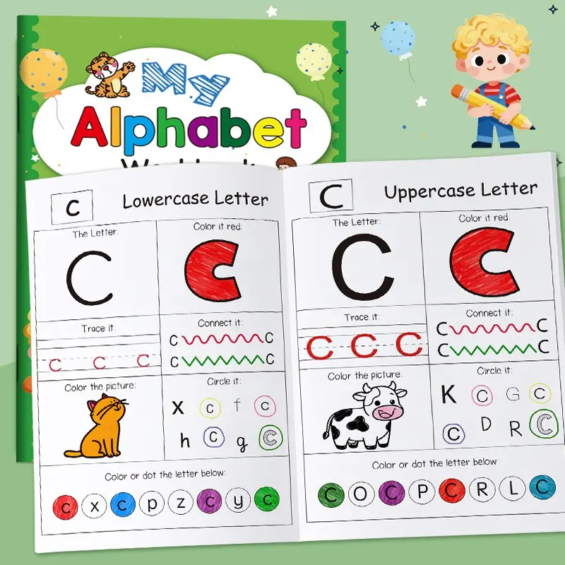 Alphabet ABCDE Tracing Workbook, English Letter & Word Practice Book with Coloring Pages, Basic Handwriting and Drawing Training Book for Kids, Preschool Art Supplies