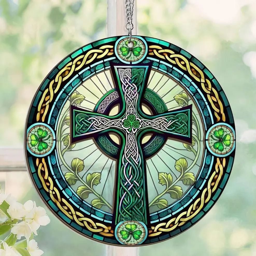 Celtic Cross Window Suncatcher - Irish Shamrock Decor for St. Patrick’s Day, Birthday, Good Luck, or Christmas Gifts - Hanging Irish Ornament for Home, Men, Women - Green Stained Glass-Style Spiritual Decor