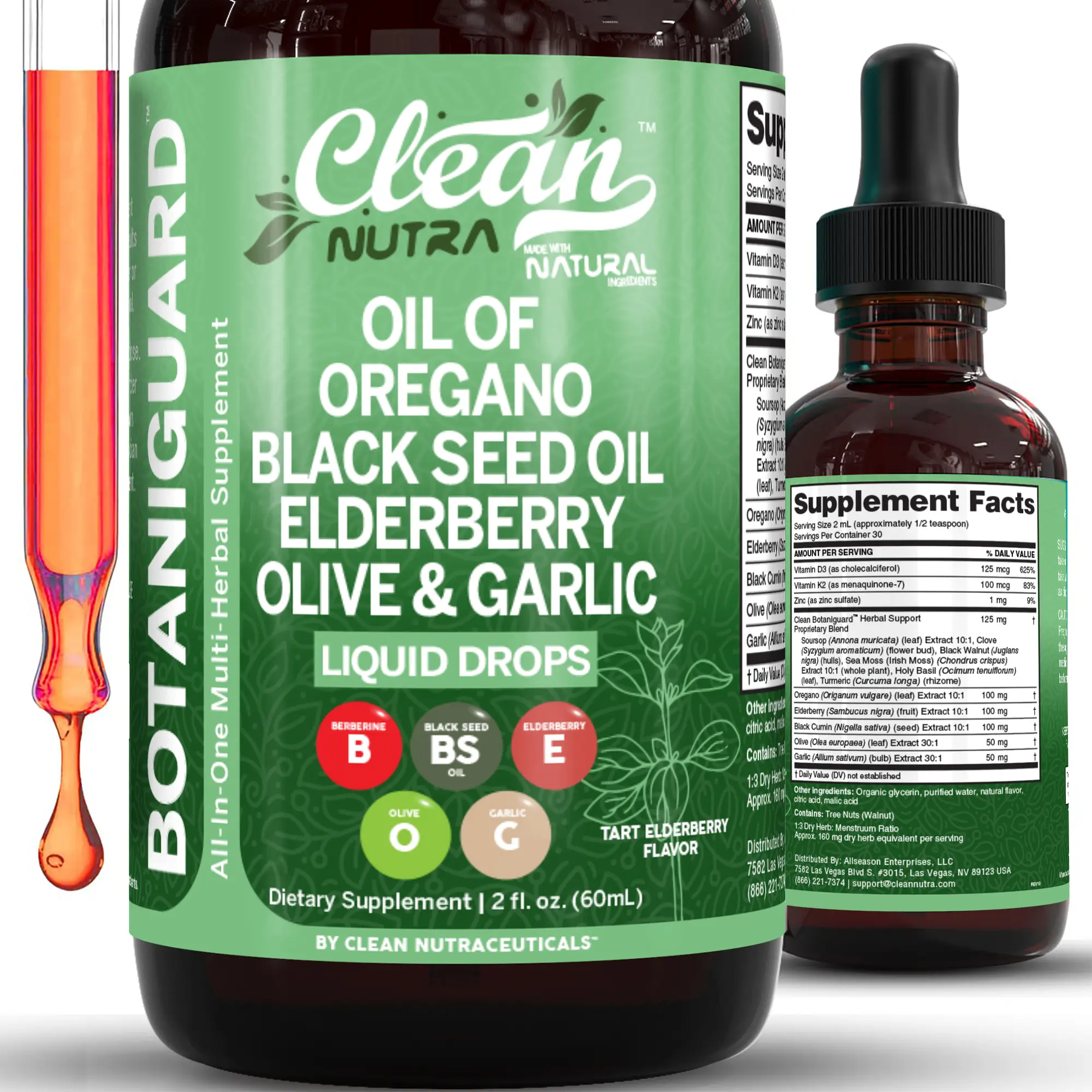 Clean Nutra BotaniGuard Oil of Oregano Drops with Black Seed Oil Elderberry Olive & Garlic – Immune & Respiratory Support Supplement Liquid Drop