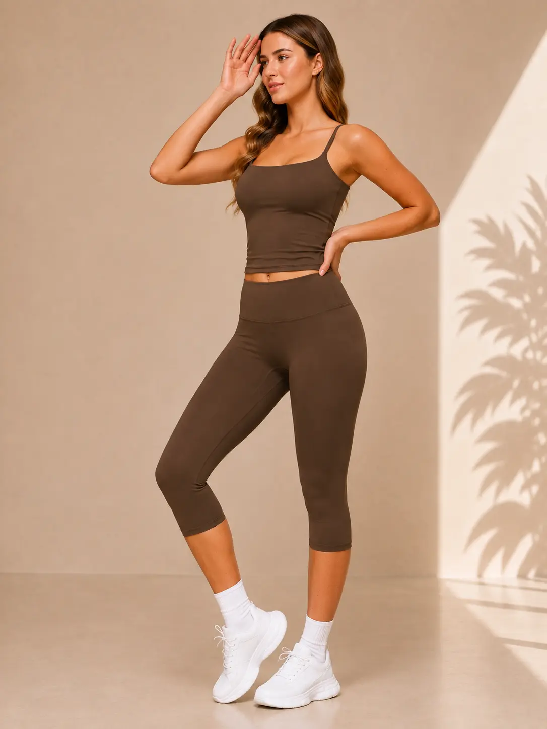 Chocolate Brown Core Capri Set - Buttery Soft Tops, Removable Pad, Seamless Cut, Everyday Wear, Sizes S-XL (Sports & Outdoor Clothing)