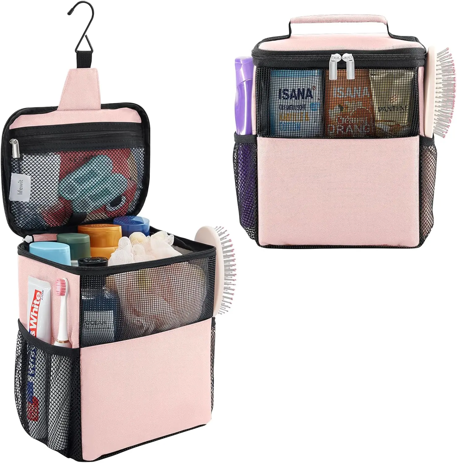 Portable Mesh Shower Caddy Bag, Quick-Dry Hanging Toiletry Organizer Tote for Bathroom, Gym, Travel, Camping and Beach, Pink