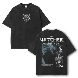 The Witcher Anniversary Washed Tee Unisex Oversize Cotton T-shirt for Game Fans, Graphic Tees graphic tees Top Gaming Retro Black streetwear vintage streetwear fabric fit classic vintage Crewneck Shortsleeve good graphic tee Casual Menswear