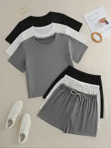 Comfort 3-piece Women's Sleepwear Loungewear Set, Casual Fitted Short Sleeve Round Neck Knitted Top and Cozy Drawstring Shorts, Ideal for Nights and Leisure Days