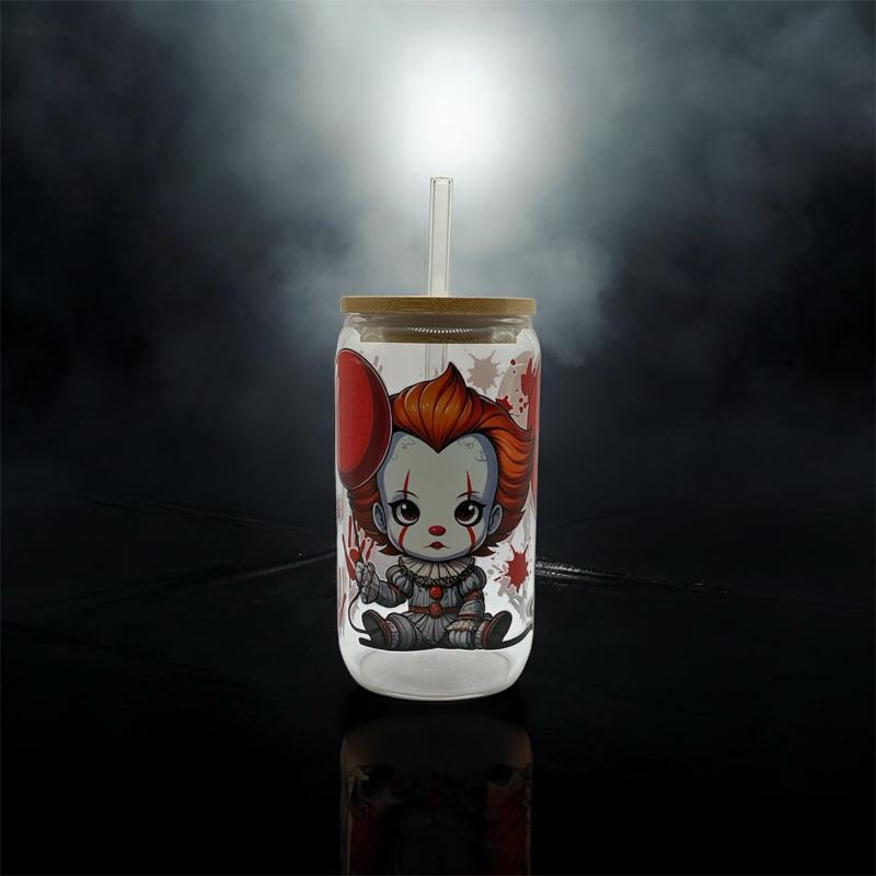 Baby Pennywise 16 oz Glass Tumbler with Bamboo Lid and Glass Straw Featuring Iconic Character Design