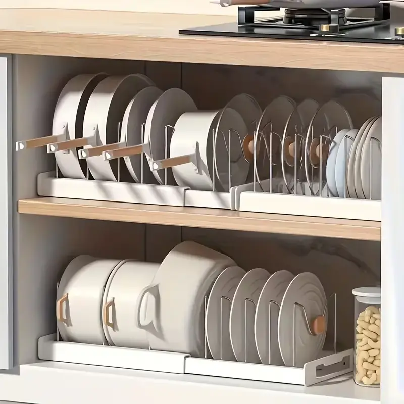 Metal Expandable Kitchen Pot and Pan Storage Organizer - Adjustable Partitioned Holder for Pot Lids, Baking Utensils, Under-Cabinet Use - Kitchen Accessories, Home Goods for Storage Organization