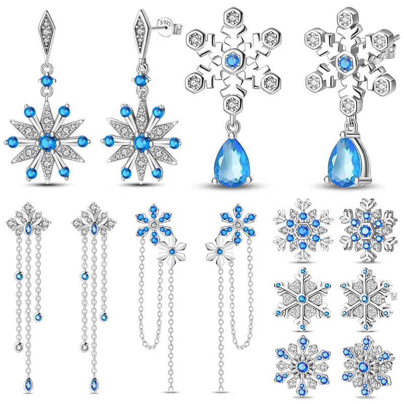 LUX-JELWEL - 925 Sterling Silver Christmas Blue Snowflakes Tassel Diamond Earrings Red Bow for Women Creative Jewelry Christmas Themed Gifts