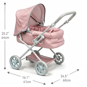 Reborn Baby Doll Pram Stroller with Retractable Canopy, Pink Polka Dot, Adjustable Hood and Handle, Foldable Pushcart Pram with Shoulder Bag, for Dolls up to 22 Inches Gift Ages 3+