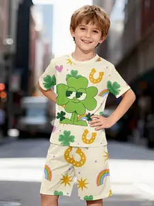 Lucky Four-Leaf Clover Kids' Two-Piece Short Sleeve and Shorts Set, 100% Polyester Casual Loose-Fit Outfit, Summer Fun Printed Pattern, Outdoor Sports T-Shirt Set, Perfect Gift for Boys