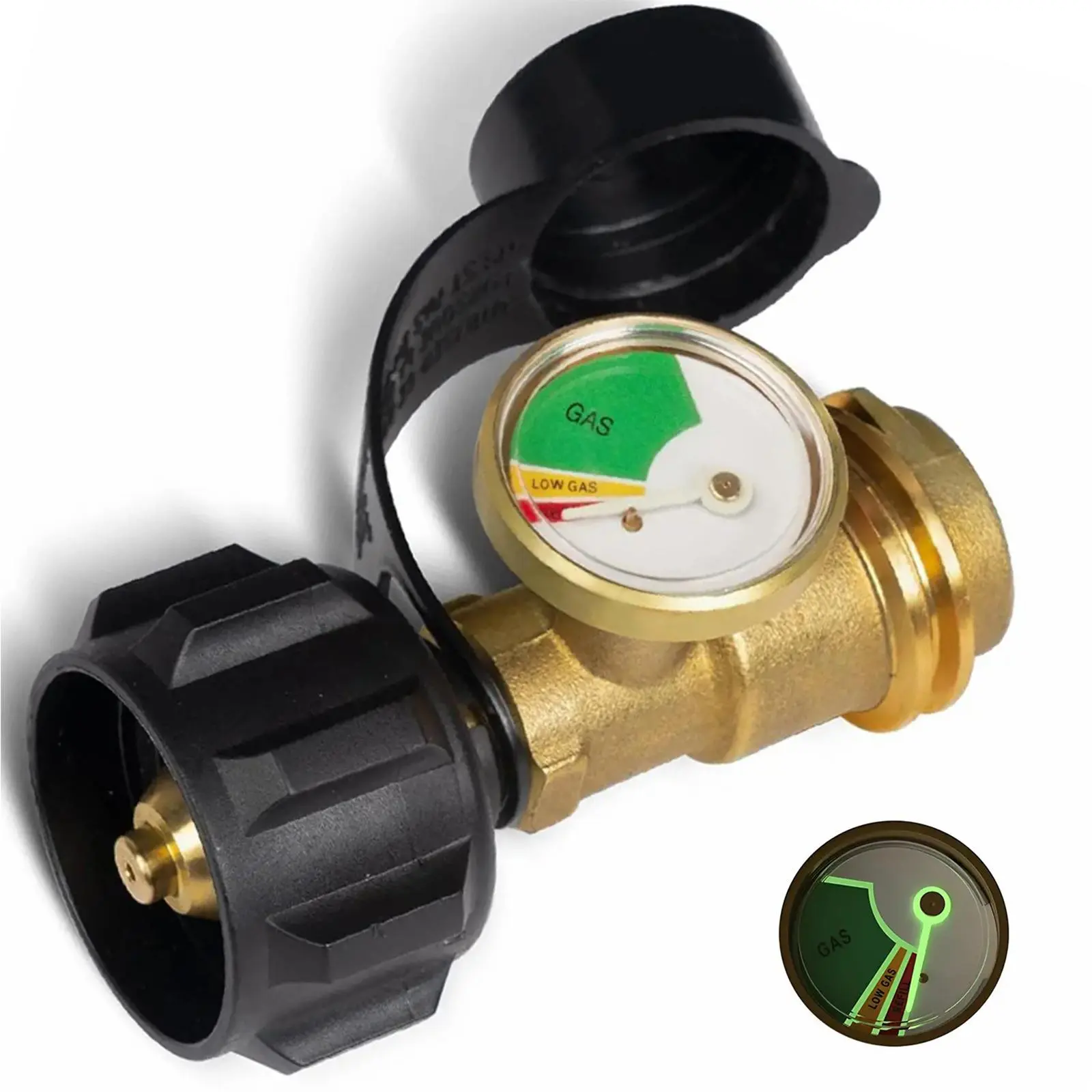 Solid Brass QCC1 Fit Propane Tank Level Gauge - 5Lb – 40Lb Universal Fuel Indicator, Leak-Proof Low Pressure Monitor with Attached Dust Cover, Luminescent Dial for RV Campers, Gas Grills, Pipes & Fittings Accessory