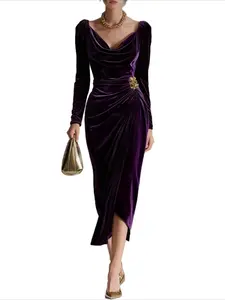 Women's Slim Fit Velvet Dress, Long Sleeve Ruched A-Line Skirt, Elegant Solid Color Party Gown, Comfortable & Stylish Design