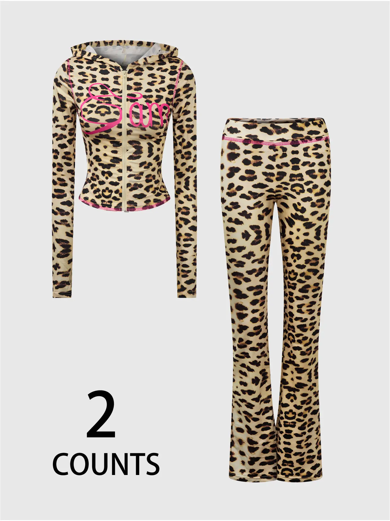 Women's Leopard Print Hooded Cardigan Sweatshirt & Flared Pants Set, Casual Slim-Fitting, Comfortable Home & Outdoor Wear, Casual Outfit Set