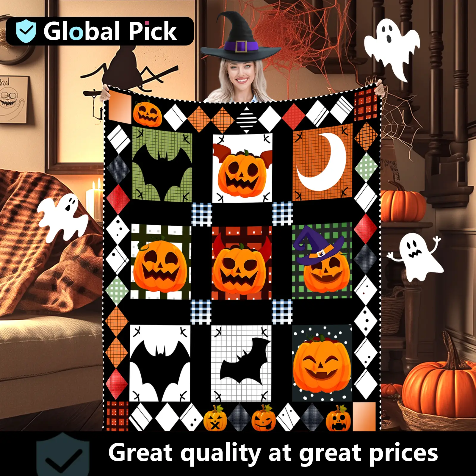 Comfortable Vintage Halloween Flannel Blanket - 51x59-inch Soft Checked Pattern with Pumpkin, Bat and Moon Design | All Seasons, Suitable for Sofa, Be