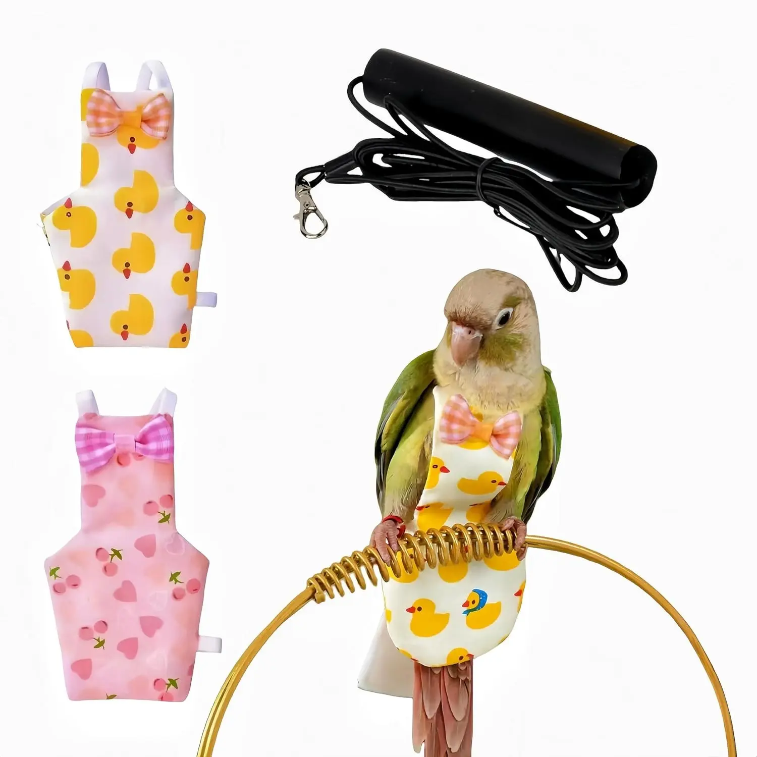 2 Pcs Reusable Bird Diapers Harness Flight Suits with 80 Inch Flying Leash, Waterproof Inner Layer Parrot Nappy for Cockatiel Budgie Conure Parakeet Lovebird, Heart&Duck Pattern