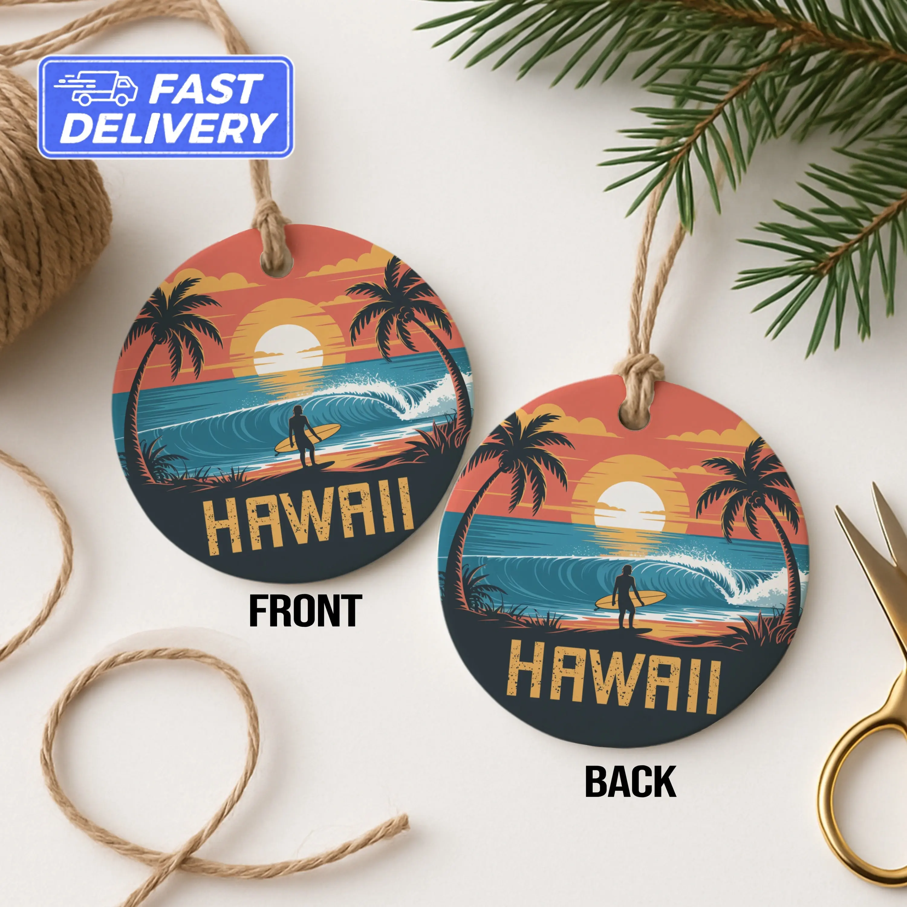 Hawaii Ornament Gift, Surfer Ornament, Palm Tree Ornament, Tropical Vacation Ornament, Beach Ornament, Island Life Ornament