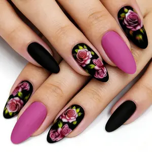 Long-length, matte, water drop shape, berry red and black color blocking, pattern, spring and summer style, 24 pieces, nail tips, detachable, press-on nails, false nails, nail stickers, DIY, gel type, press-on false nails