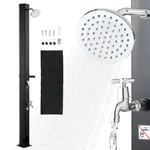 fathersdaygift VEVOR 9.2 Gal Solar Heated Shower, 6.4ft Showerhead Height Outdoor Shower, with Foot Faucet Soap Box Rack, Hot Cold Water Adjustment, Freestanding for Backyard Poolside Beach Pool, Black