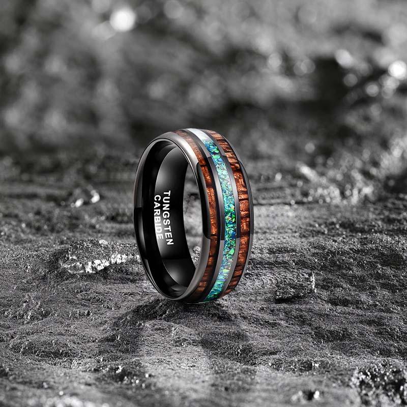 Men's 8mm Natural Wood Green Opal Inlay Tungsten Wedding Band Comfort Fit Scratch Resistant - Yonifu Durable Glow Promise Ring Gift for Him