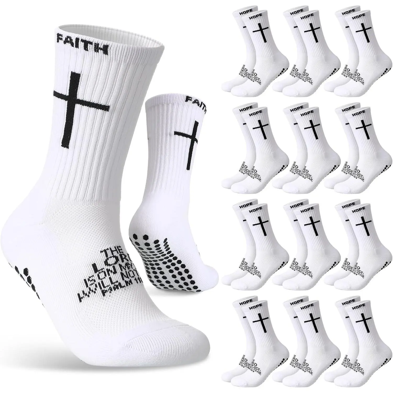 12 Pairs Adult Anchor Grip Non-Slip Soccer Socks with Bible Verses & Letter Print, US Sizes 6-13, for Football Matches, Faith-Inspired Sports Gift, Soccer Fashion, Adults, Anchor Grip Sports Socks, Black, Dark Gray, Light Gray, White, Unisex