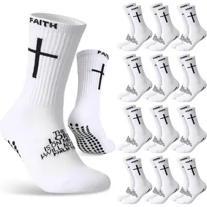 12 Pairs Cross Grip Soccer Socks Anti-slip Sports Sock with Bible Verse Faith for Us 6-13 Football Running Match Gift