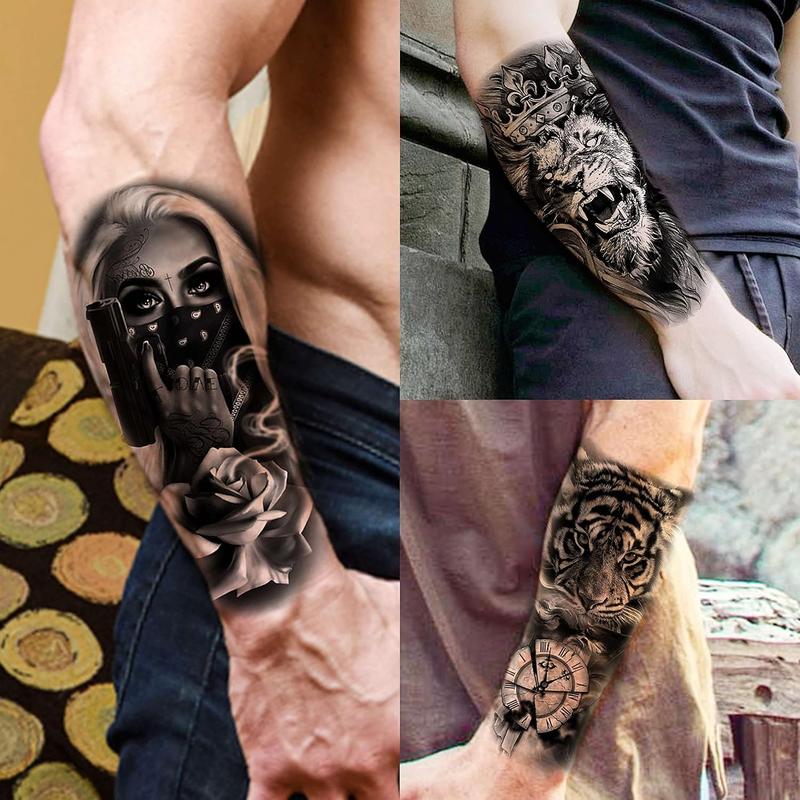 69 Sheets 3D Realistic Tiger Lion Temporary Tattoos For Women Forearm Men Arm, Half Sleeve Wolf Owl Skull Skeleton Waterproof Fake Tattoos For Adults Thigh, Black Animal Bulk Tattoo Sticker