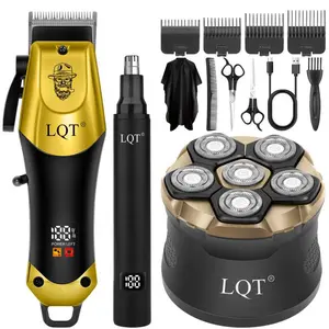 LQT Gold & Black 3-in-1 Men's Grooming Kit, Cordless Hair Clipper, Nose Trimmer & 6-Head Electric Shaver, Complete Rechargeable Barber Set for Head Shaving, Fades & Beard Styling