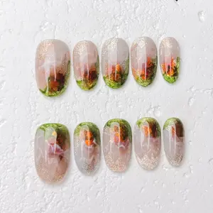 [Mossmelt] Short Oval Handmade Press on Nails, Fake Nails with Nail tool kit with Jelly Stickers, Reusable, Durable