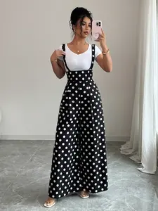 Women's Summer Polka Dot Wide Leg Strap Pants, Waist Cinch Design, Slimming and Elegant, Comfortable Breathable Fabric, Essential Summer Wear