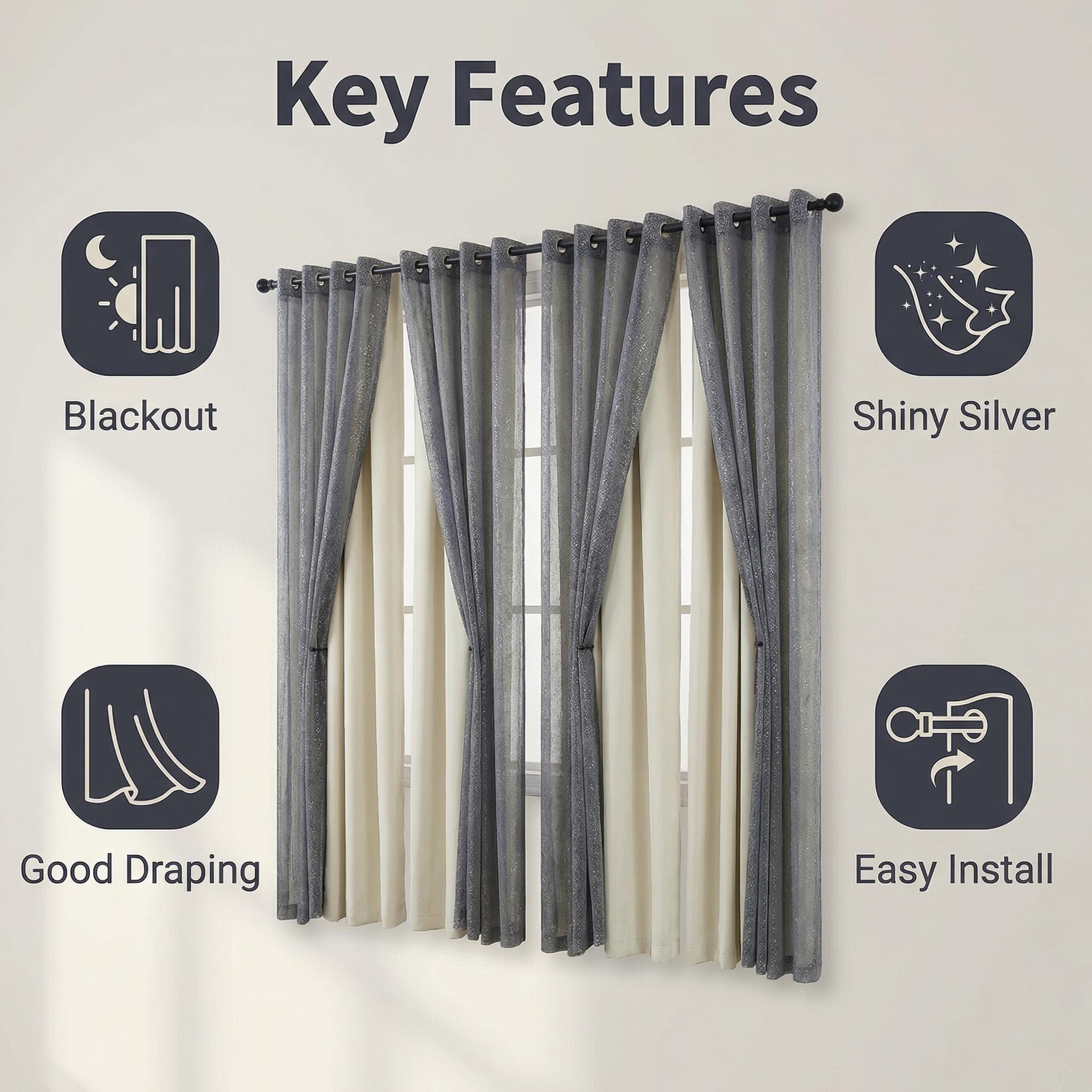 Curtain Club 8 Panels 52x84inch Curtain Fabric + Chiffon Set: 4 panels are plain blackout fabric, 4 panels are chiffon. With silver heat transfer finish, allowing light to pass through. The set can provide both blackout and decorative effects. FT2599+L28