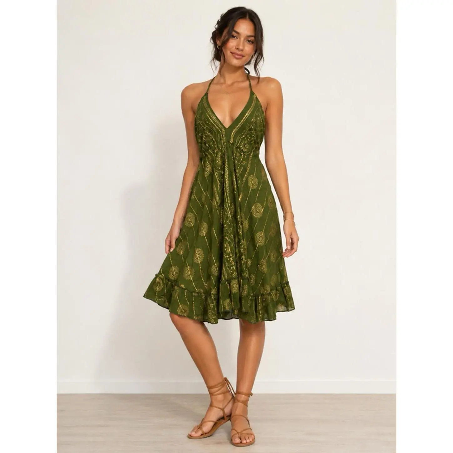 Boho Halter Dress Gold Print Adjustable Tie Back Flowy A-line Silhouette Summer Vacation Beach Dress Festival Wear