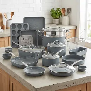 20Pcs Ceramic Cookware Set Nonstick, Complete Pots and Pans Set Non Stick with 5 Pc Bakeware Set, Deep Frying Pan Set, & Steamer, Non Toxic, Oven & Dishwasher Safe, Gray