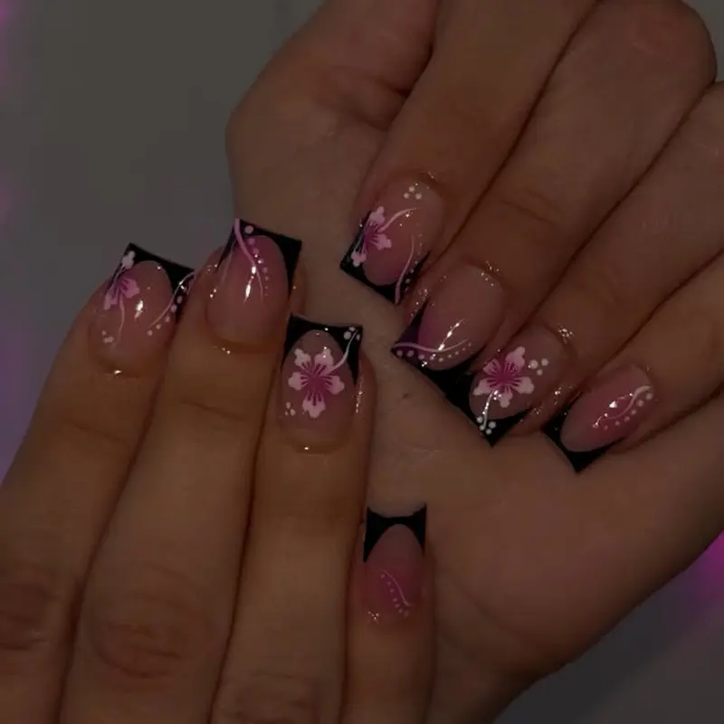24 pieces short square black French blush flower press on nails press on nail art decals fake nails Flower Design Nails French Tips Nails