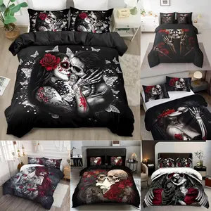 Valentine's Day Skull Couple Duvet Cover Set, Bedroom Bedding Set, Soft Comfortable Bedding, Zipper Closure, Perfect Gift for Animal Lovers